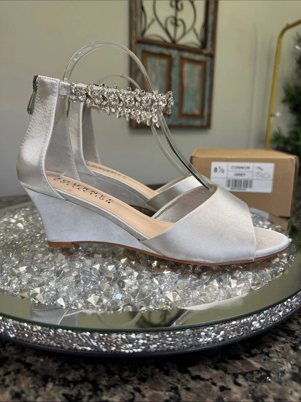 Journee Collection Conner Silver Satin Wedge Sandals Crystal Ankle Strap NEW 8.5